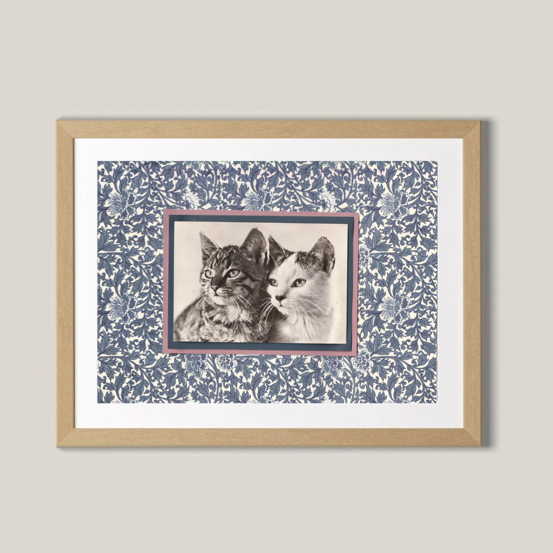 Tabby & Calico with Indigo Flowers - Vintage Cat Postcard Collage Art Print