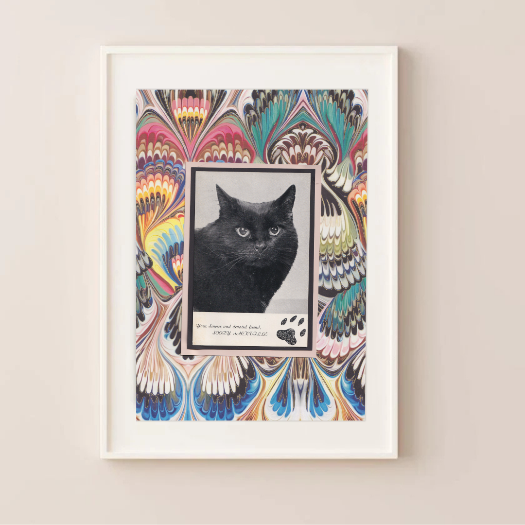 Marbled 'Sooty' - Vintage Black Cat Postcard Collage Art Print