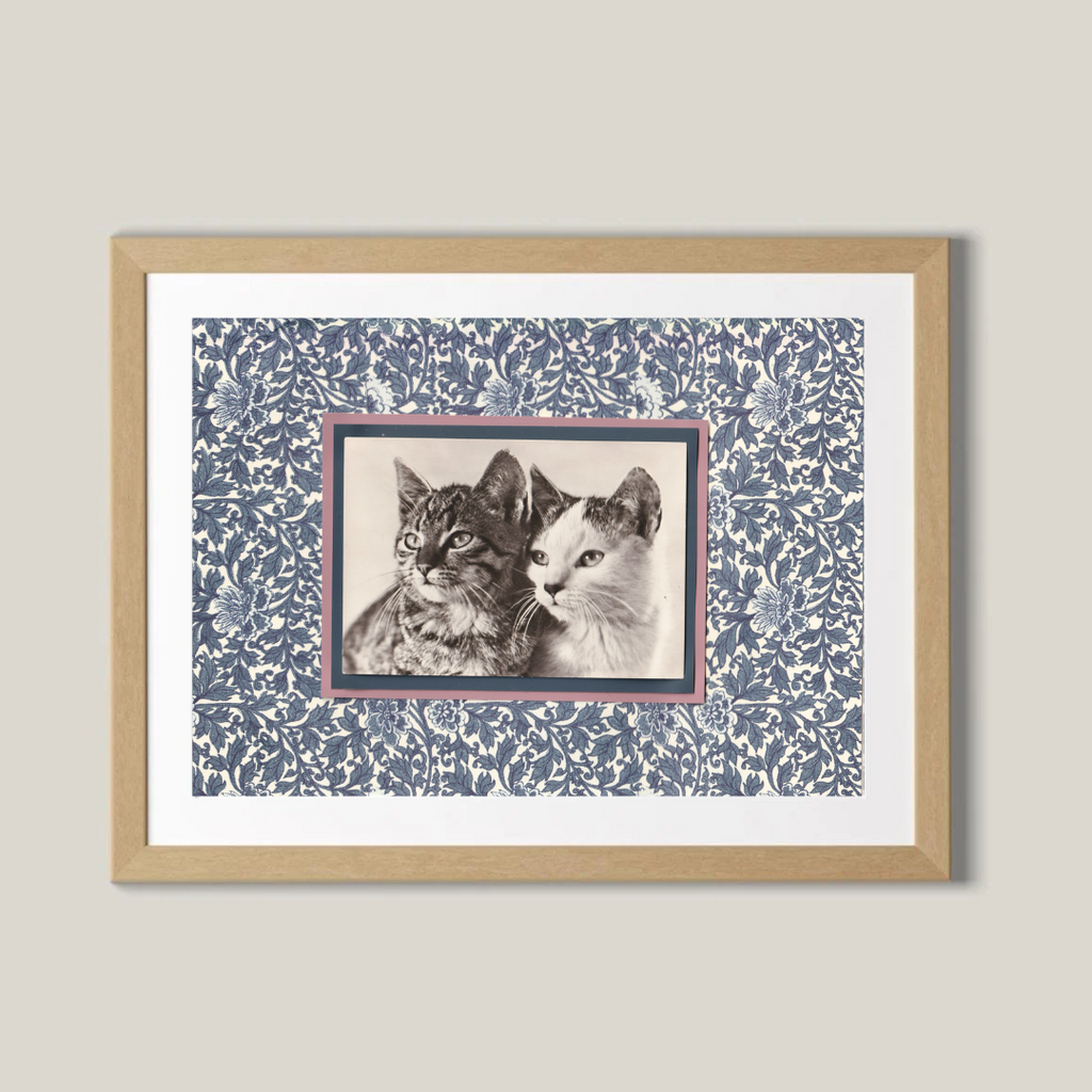 Tabby & Calico with Indigo Flowers - Vintage Cat Postcard Collage Art Print