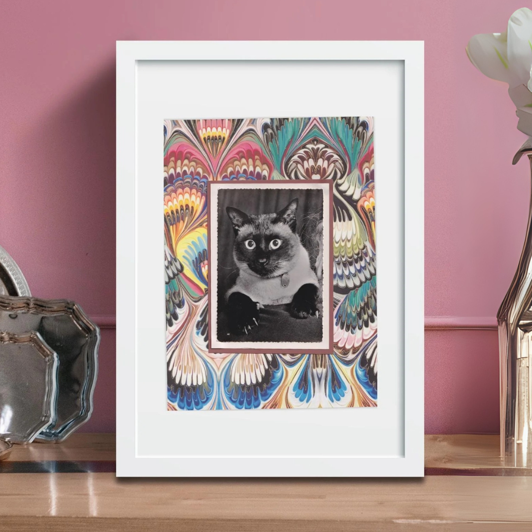 Marbled Siamese - Vintage Cat Postcard Collage Art Print