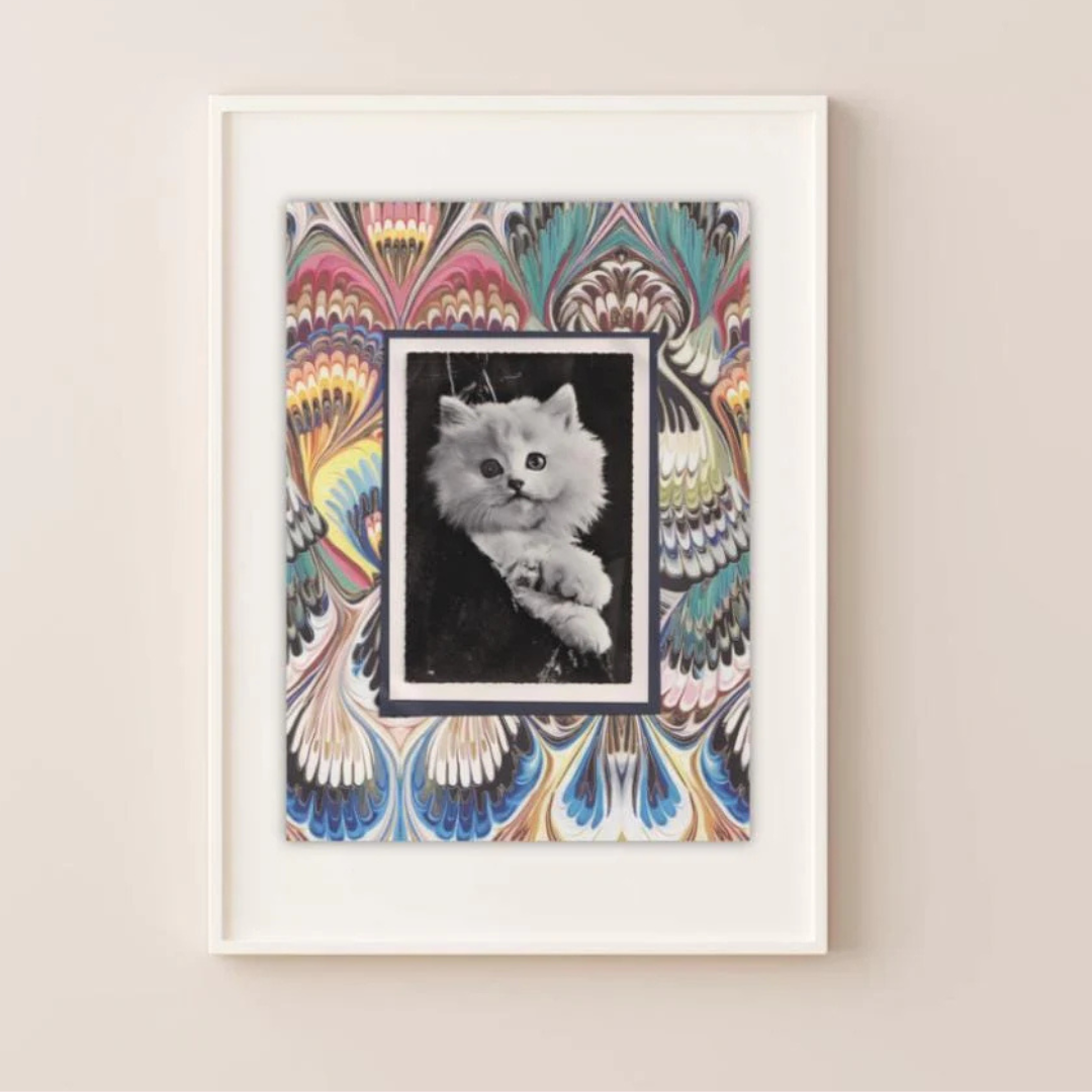 White Kitten With Colourful Marbled Pattern - Vintage Cat Postcard Collage Art Print