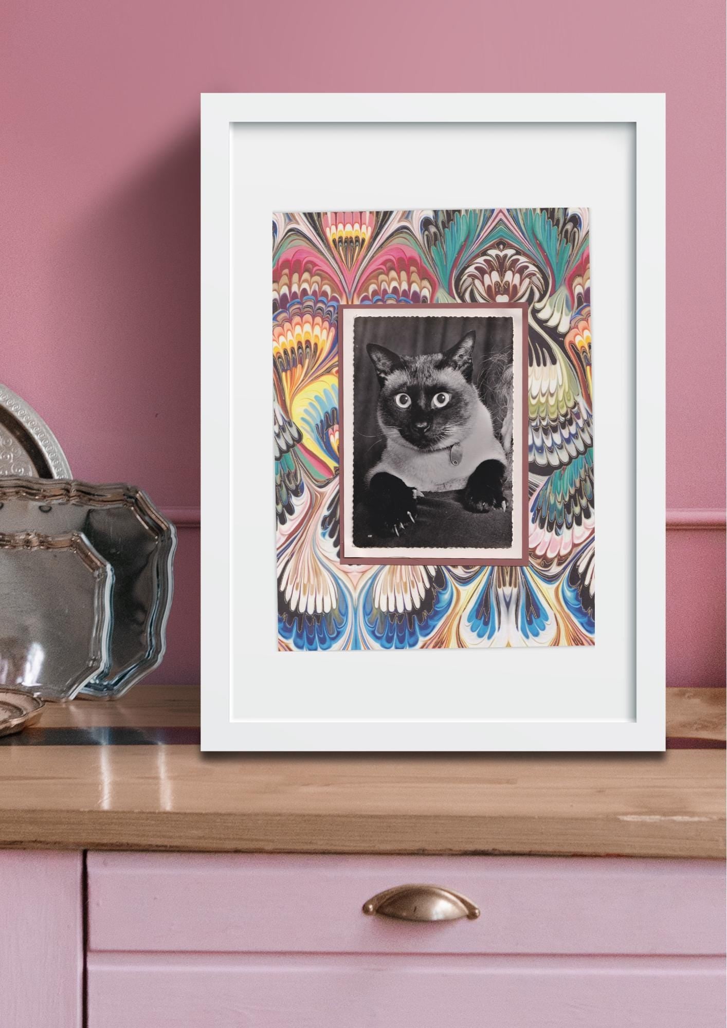 Marbled Siamese - Vintage Cat Postcard Collage Print