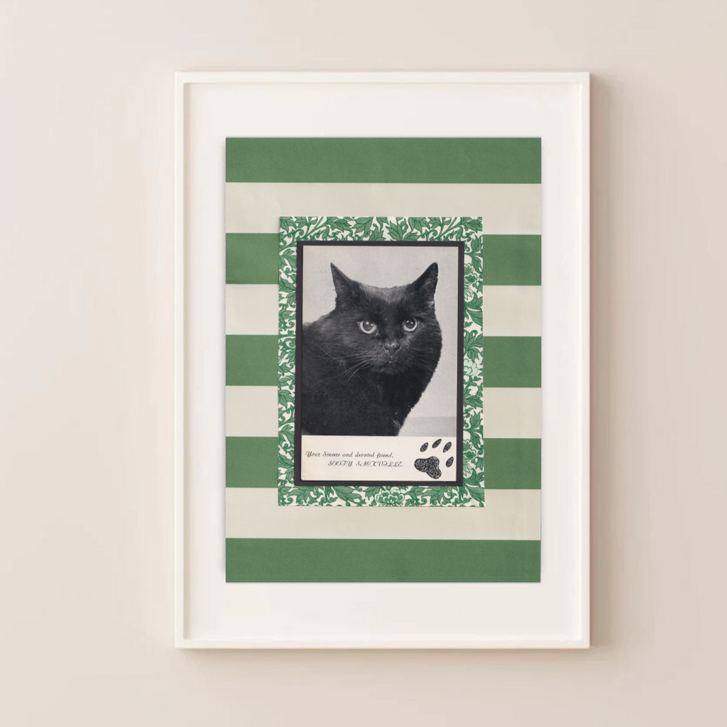 Green Stripes & 'Sooty' - Vintage Black Cat Postcard Collage Art Print