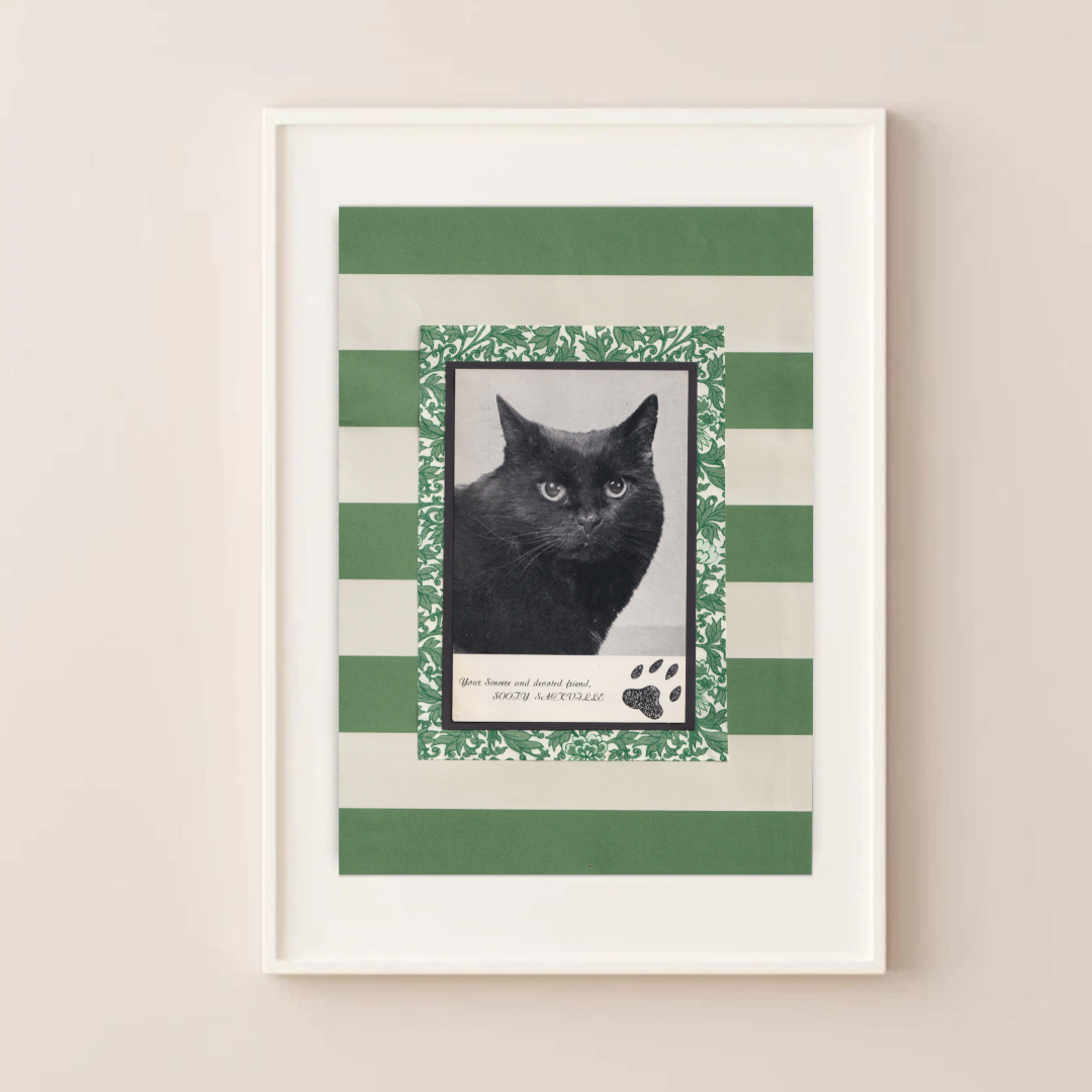 Green Stripes & 'Sooty' - Vintage Black Cat Postcard Collage Art Print
