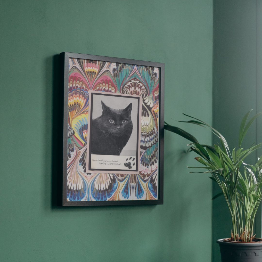 Marbled 'Sooty' - Vintage Black Cat Postcard Collage Art Print