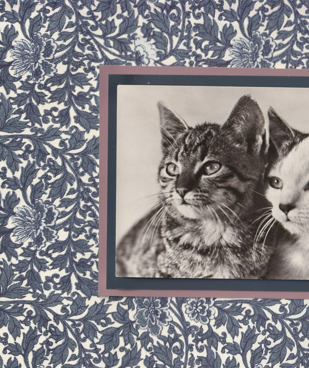 Tabby & Calico Among Indigo Flowers - Vintage Cat Postcard Collage Print