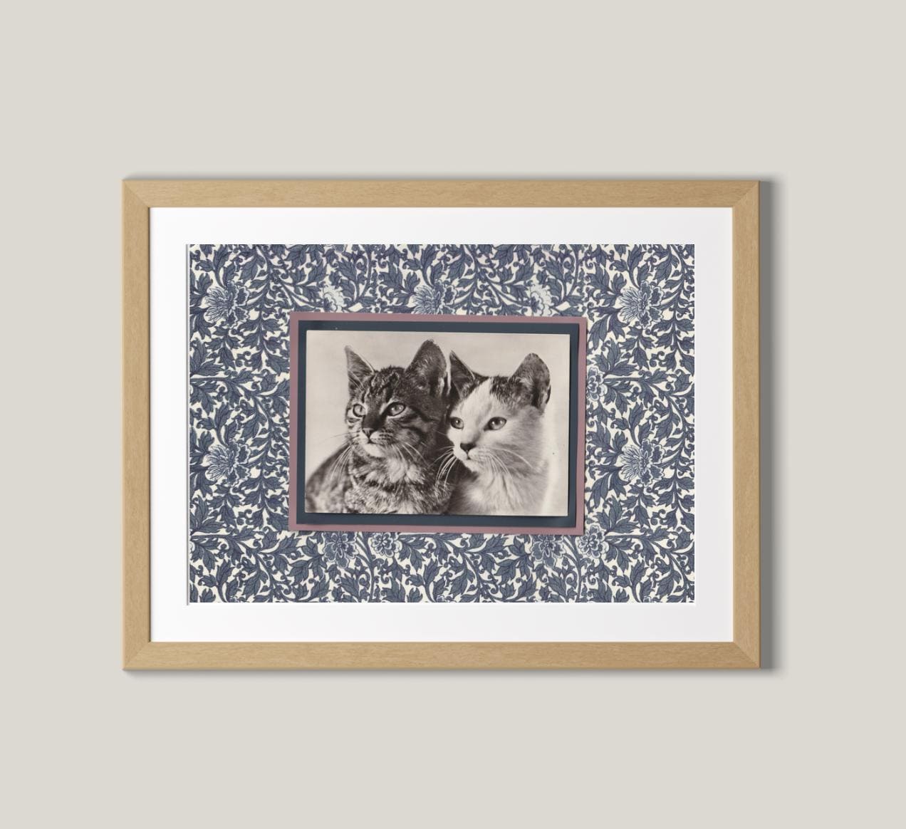 Tabby & Calico Among Indigo Flowers - Vintage Cat Postcard Collage Print