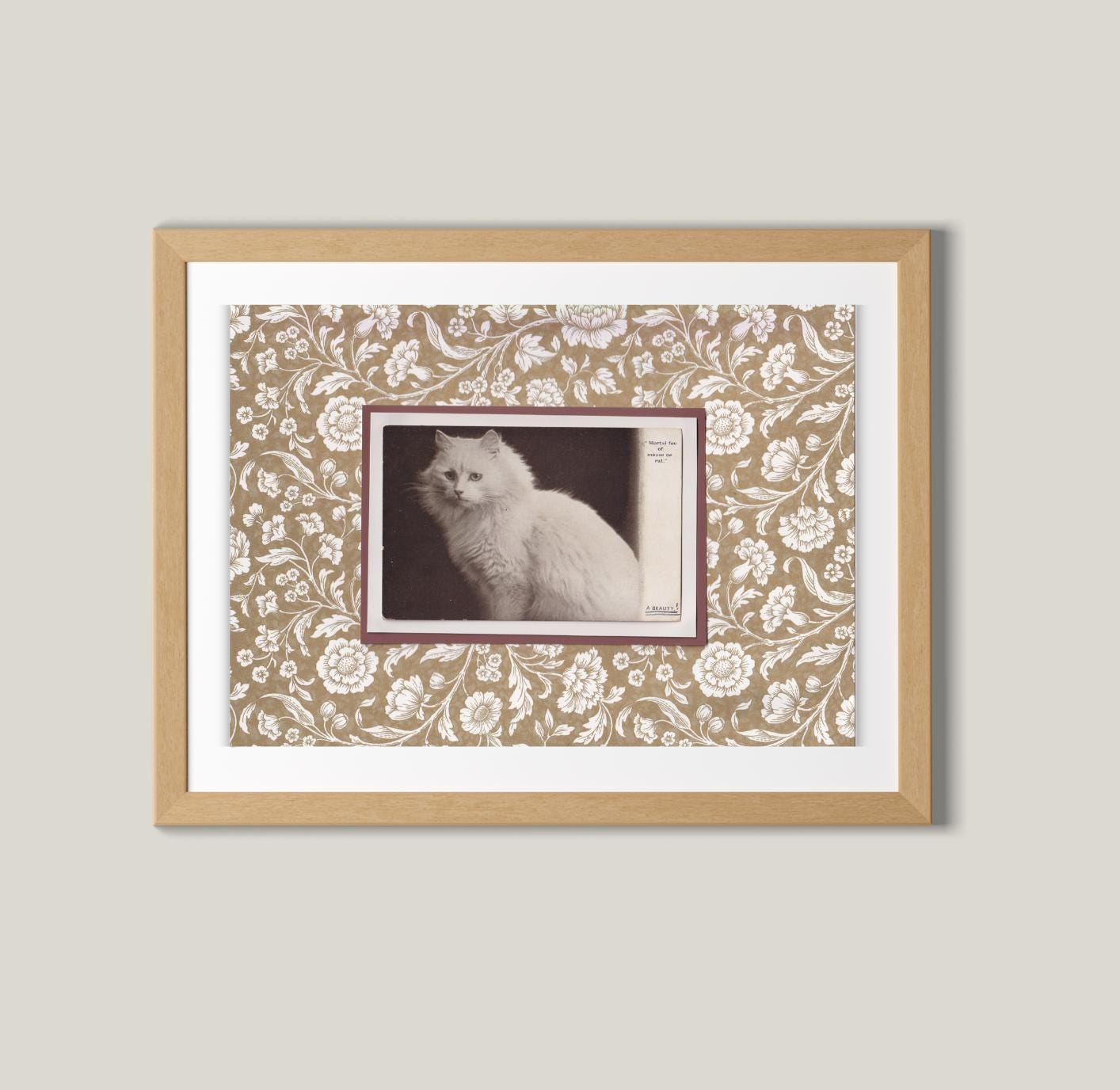 White Cat Amongst Neutral Flowers - Vintage Cat Postcard Collage Print