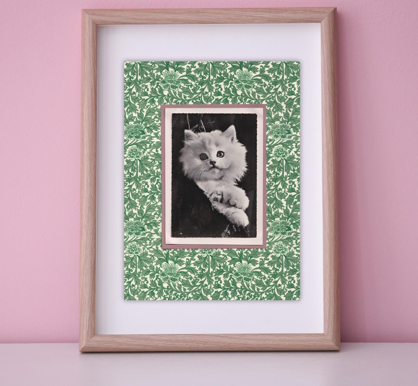 White Kitten On Green Floral - Vintage Cat Postcard Collage Print
