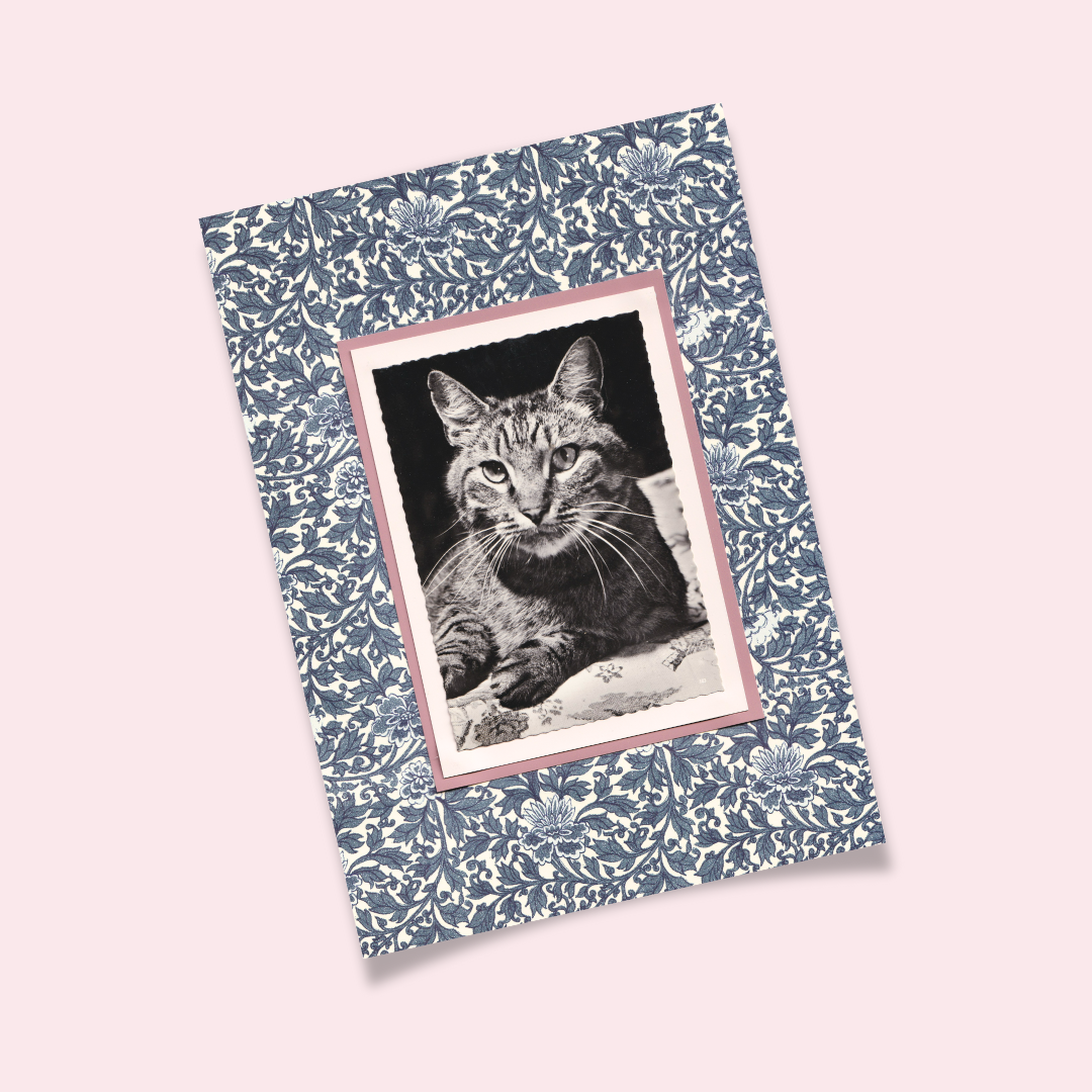 Tabby With Indigo Blue Flowers - Vintage Cat Postcard Collage Art Print