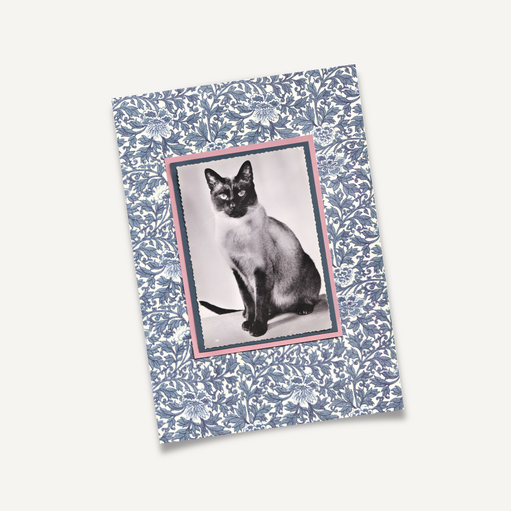 Siamese With Indigo Flowers - Vintage Cat Postcard Collage Art Print
